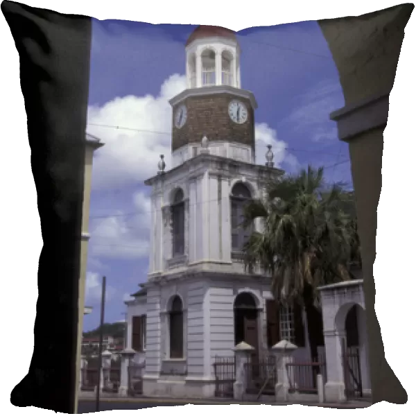 CARIBBEAN, USVI, Saint Croix, Christiansted View of clock tower through arch
