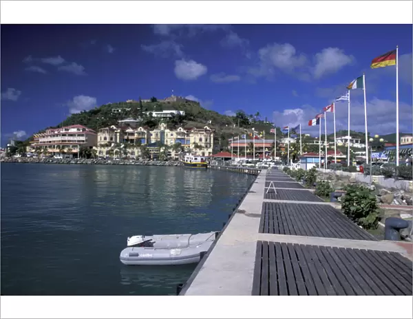 Caribbean, French West Indies, St. Martin Marigot; Pier at Marigot Bay, view toward Ft