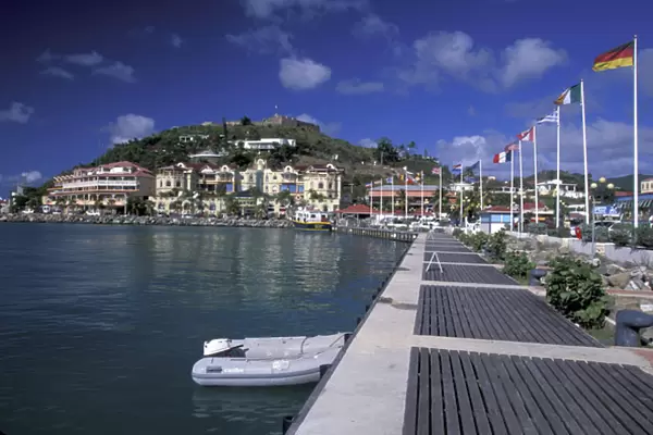Caribbean, French West Indies, St. Martin Marigot; Pier at Marigot Bay, view toward Ft