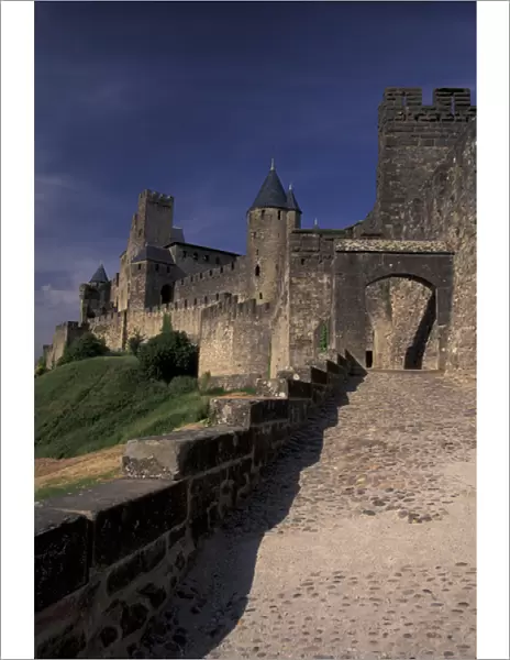 France, Languedoc, Aude, Carcassone Medieval city walls from the West - late afternoon