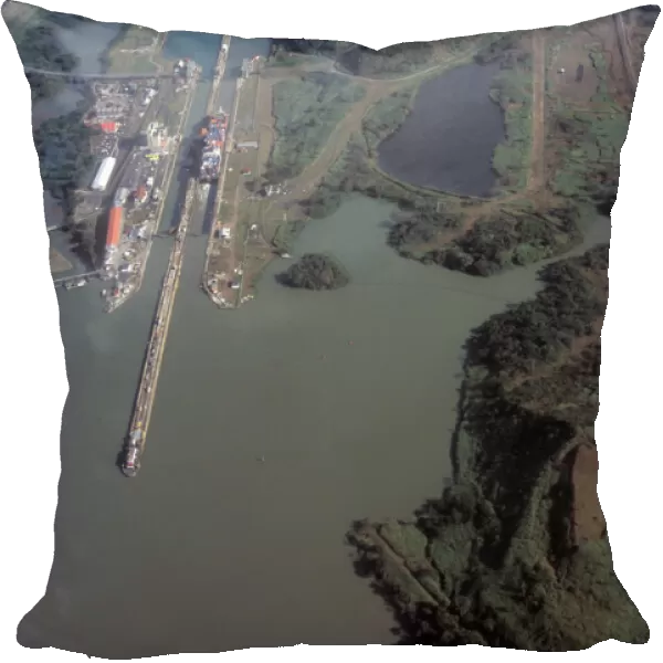 Central America, Panama, Panama Canal. Miraflores Locks, aerial view