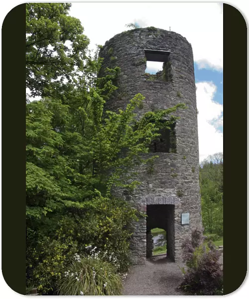 In Ireland, at the Blarney Castlea stone tower ruin in the castle garden among trees