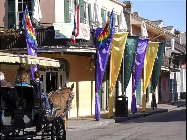 Carriage rides in the Mardi Gras decorated French Quarter, New Orleans, Louisiana