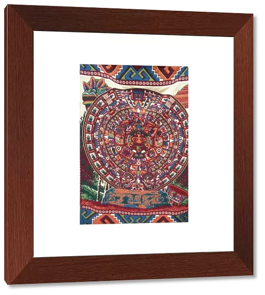 North America, Mexico, Teotihuacan, souvenir blanket with colorful Aztec calendar design