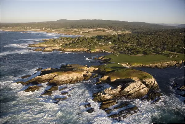 USA. California. Carmel. Aerial of the Pebble Beach Golf course and a sweeping view of the Carmel