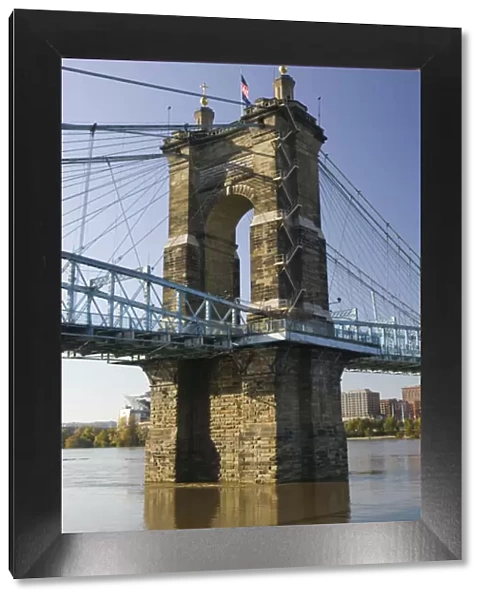 USA-Ohio-Cincinnati: Roebling Suspension Bridge (b. 1876) over the Ohio River  / 