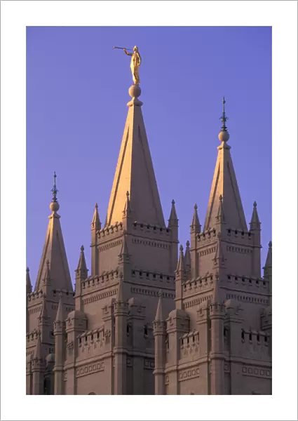 USA, Utah, Salt Lake City, Temple Square, Mormon Temple at dawn, Angel Moroni