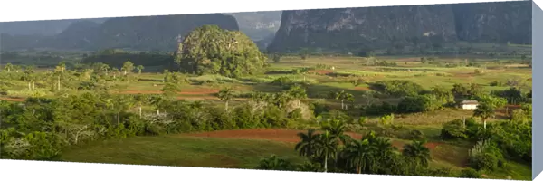 Cuba, Vinales. Panoramic view of the valley of Vinales with mogote, or limestone formations