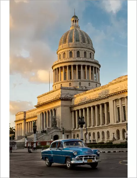 North America, Caribbean, Cuba, Havana, Capitol and classic car in historic Old Havana