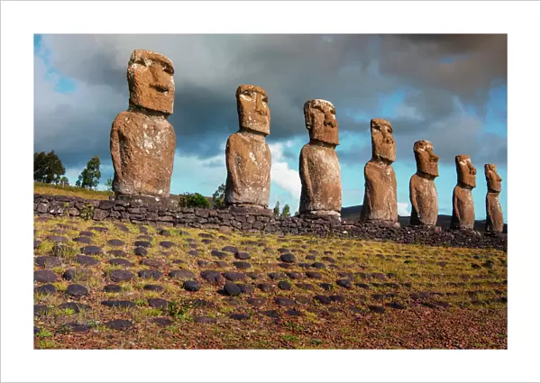 Easter Island, Chile. A Row of Moai statues