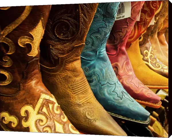 North America; USA; Arizona; Old Scotsdale; Line up of new cowboy boots
