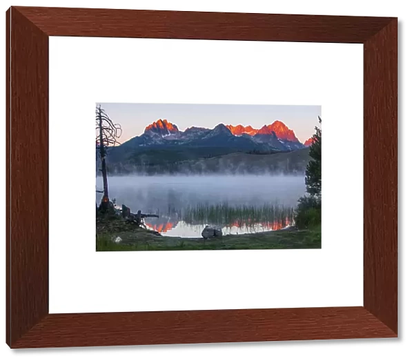 Litttle Redfish Lake, SNRA, Idaho - red glow and reflections of Mt