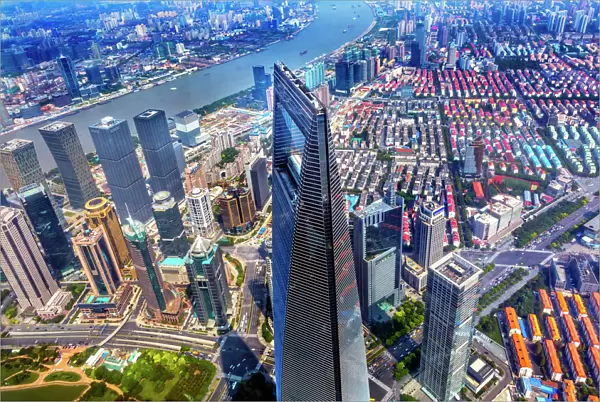 Looking Down on Black Shanghai World Financial Center Skyscraper Reflections Huangpu