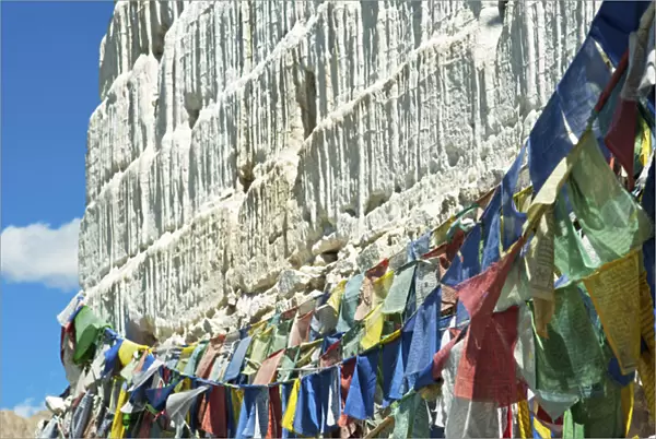 India, Ladakh, Leh, prayer flags on white Stupa
