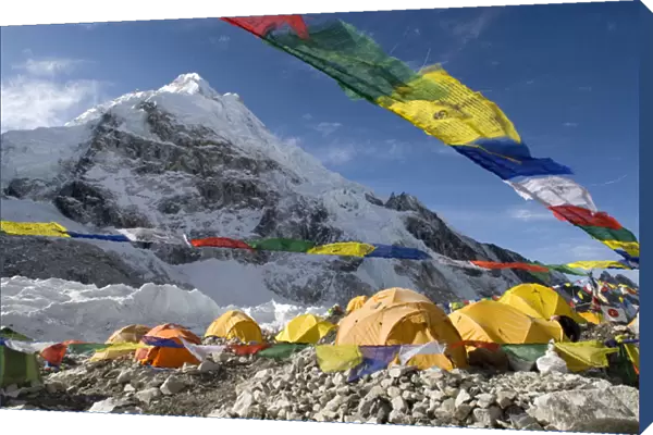 Nepal, Mount Everest. The tents of mountaineers are scattered along the Khumbu Glacier