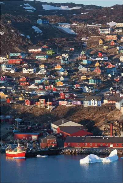Greenland, Qaqortoq, elevated view of town and harbor