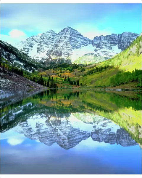 USA, Colorado, . Rocky Mountains, A Maroon Bells reflecting in Maroon Lake