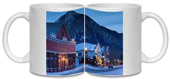 USA, Colorado, Crested Butte, historic buildings along Elk Avenue, winter, dawn