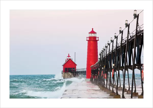 Grand Haven South Pier Lighthouse at sunrise on Lake Michigan, Ottawa County, Grand Haven