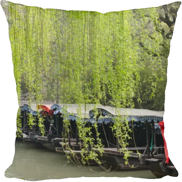Boats with willow trees on the Grand Canal, Nanxun Ancient Town, Zhejiang Province, China