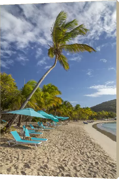 Caribbean, Grenada, Mayreau Island. Beach umbrellas and lounge chairs