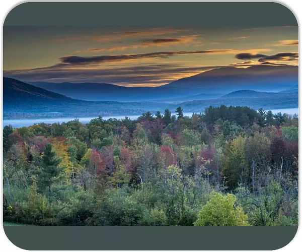 Painterly fall landscape with fog and fall foliage, Sugar Hill, White Mountains