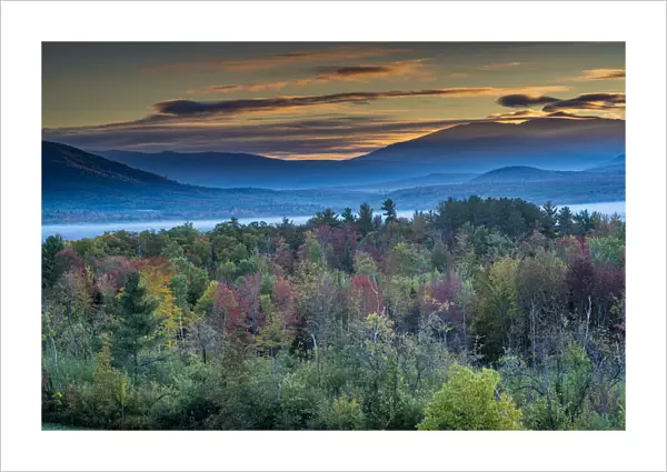 Painterly fall landscape with fog and fall foliage, Sugar Hill, White Mountains