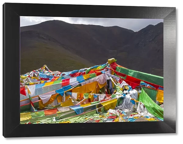 Prayer flags on Tibetan Plateau with Tanggula Mountain, Namtso (Lake Nam), Tibet, China