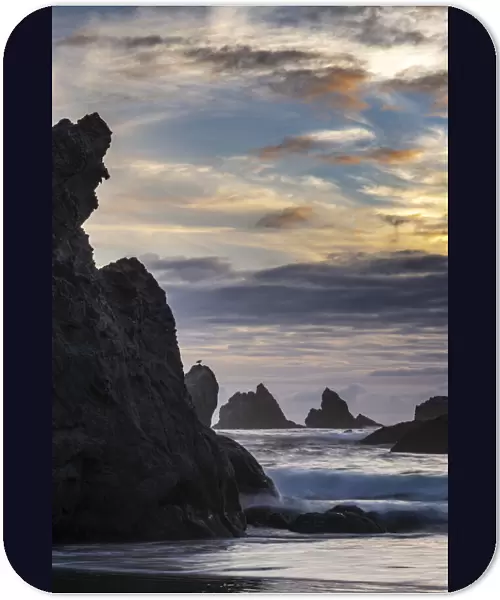 USA, Oregon, Bandon Beach. Pacific Ocean sea stacks at sunset