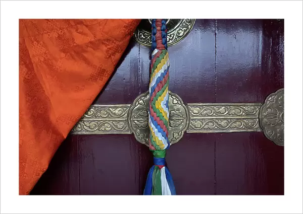 Asia, Nepal, Pokhara. Close-up of door at Jangchub Choeling Buddhist Monastery