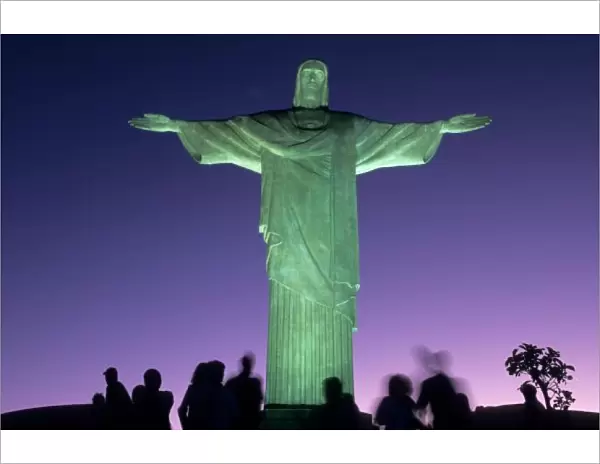 Rio de Janeiro, Brazil. the Christ Statue on Corcovado mountain at night with greenish floodlights