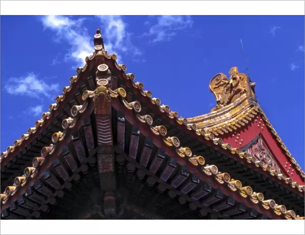 Asia, China, Beijing. These ornate roof lines jut into a deep blue sky, Forbidden City