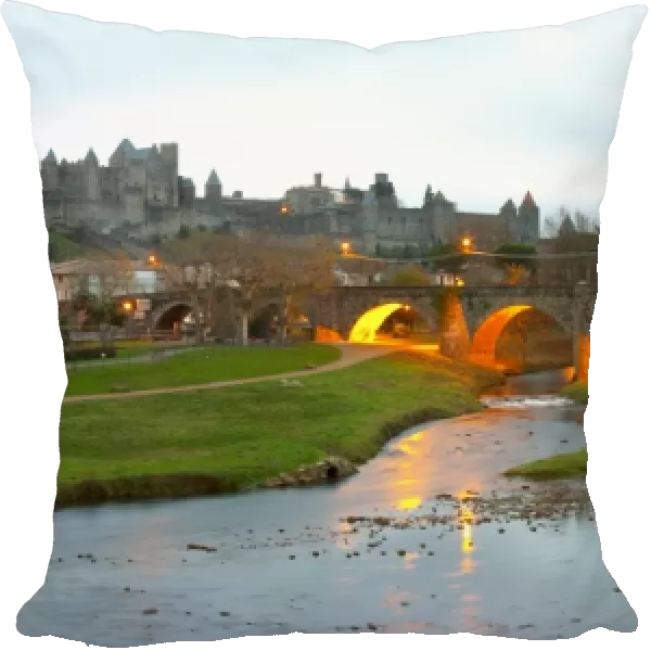 Carcassonne. Languedoc. View over the old city. The old bridge across the Aude river