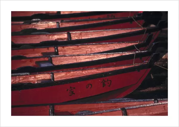 Japan, Yamanashi Pref. Lake Kawaguchi. Vivid red boats are moored on Lake Kawaguchi