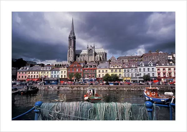 Ireland, County Cork, Cobh. Harbor view and St. Colmans church