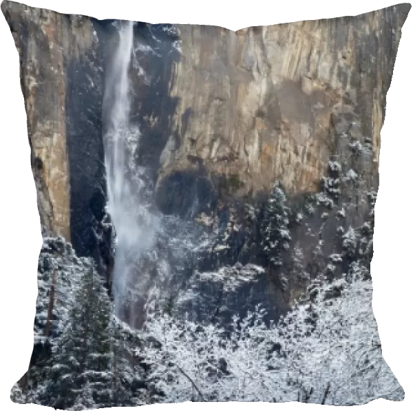 Fresh snowfall coats the trees below Bridalveil Falls in Yosemite National Park, California