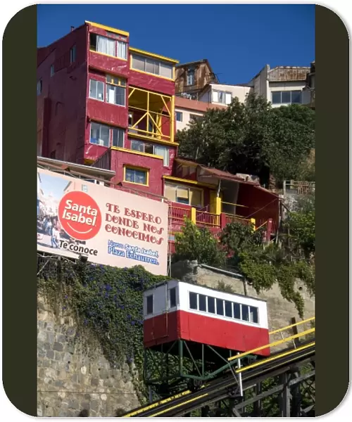 Tram-like vehicle is part of a funicular railway at Valparaiso, Chile