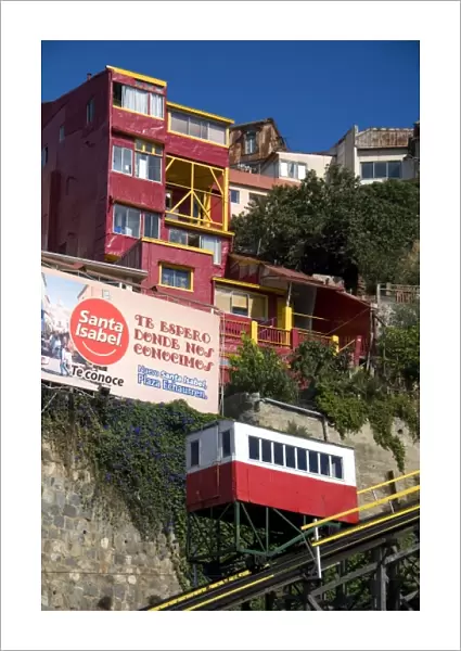 Tram-like vehicle is part of a funicular railway at Valparaiso, Chile
