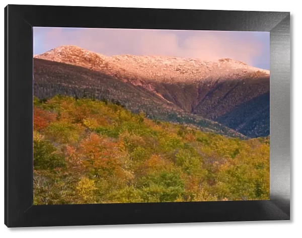 A snow-capped Mount Lafayette in fall in New Hampshires White Mountains. White