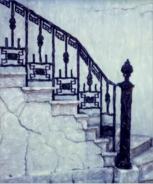 Black railing along stairway. Polaroid SX70 Manipulation