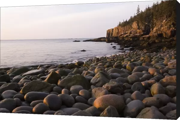 Early morning on the cobblestone beach in Momument Cove in Maines Acadia National Park