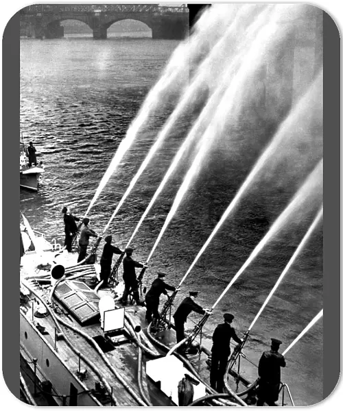Fireboat Massey Shaw with eight hoses pumping