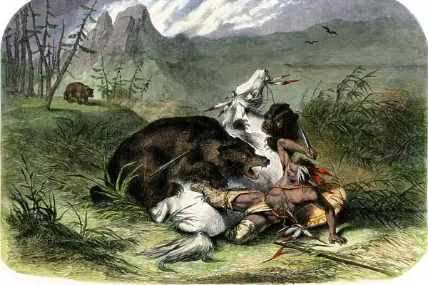 Grizzly bear attacking a Pawnee hunter