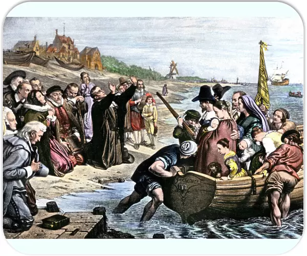 Plymouth colonists embarking on the Mayflower voyage, 1620
