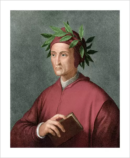 Dante. Renaissance poet Dante Aligheri crowned with laurel.. Digitally colored engraving