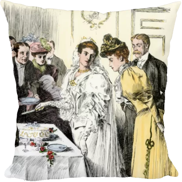 Bride cutting the wedding cake, 1800s