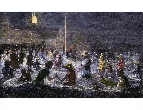 Coney Island beach lit by electric light, 1880s