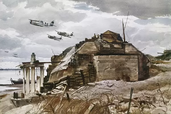 U. S. Air Force Republic P-47 Thunderbolts flying over Omaha beach during the invasion of Normandy, 6 June 1944. Watercolor by Ogden Pleissner