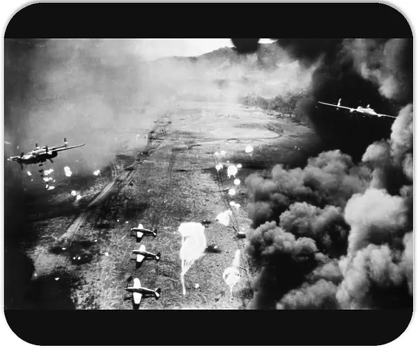 Fifth U. S. Air Force attack on a Japanese air strip near Wewak, New Guinea, February 1944