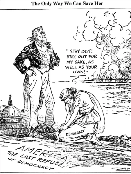 The Only Way We Can Save Her [Democracy]. American cartoon, 1939, by Carey Orr against U. S. intervention in European wars